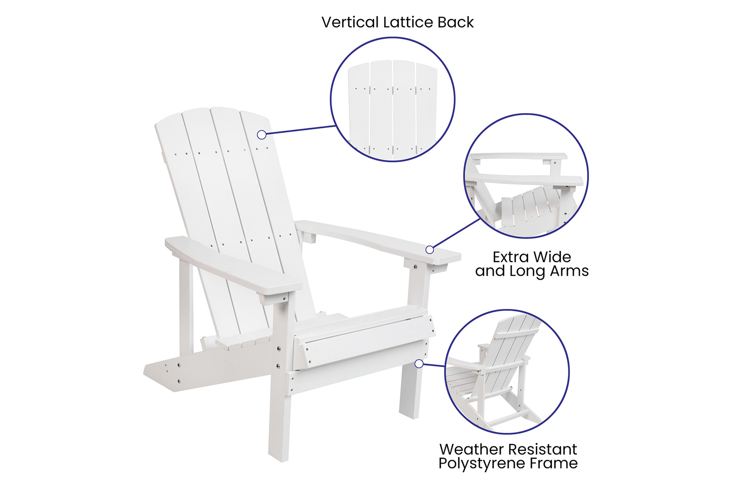 BLNK Charlestown Commercial Poly Resin Wood Adirondack Chair Set with Star and Moon Firepit with Mesh Cover 5 Piece - White