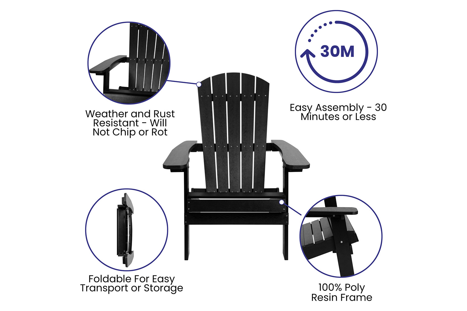 BLNK Charlestown Commercial All-Weather Poly Resin Wood Folding Adirondack Chair - Black