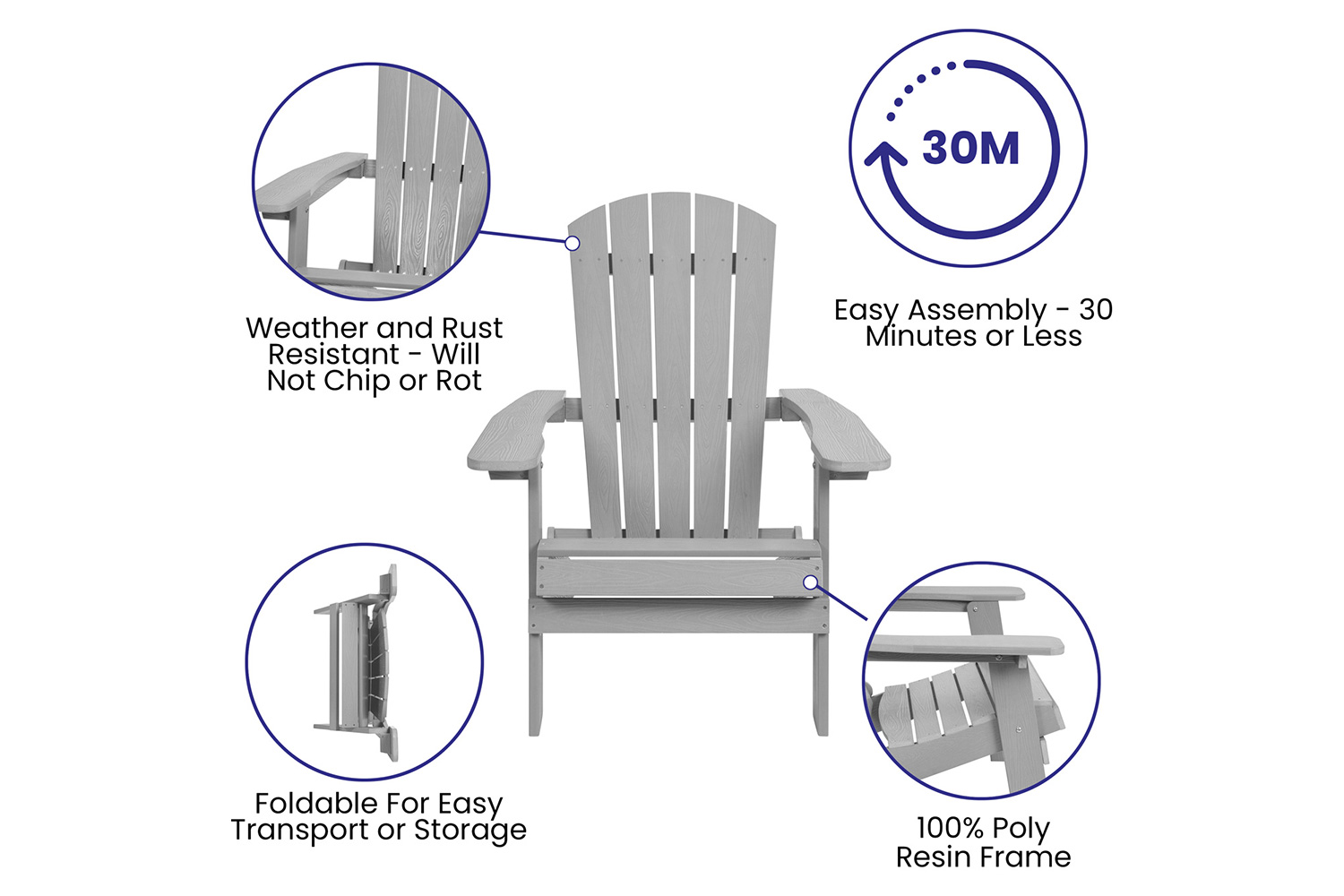 BLNK Charlestown Commercial All-Weather Poly Resin Wood Folding Adirondack Chair - Gray
