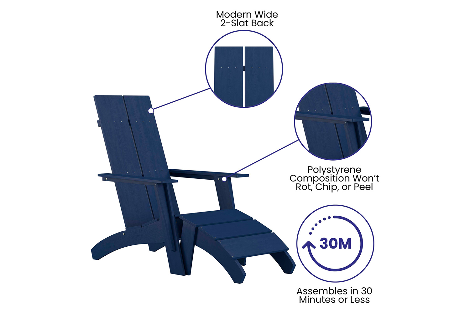 BLNK Sawyer Commercial All-Weather Poly Resin Wood Adirondack Chair with Foot Rest - Navy