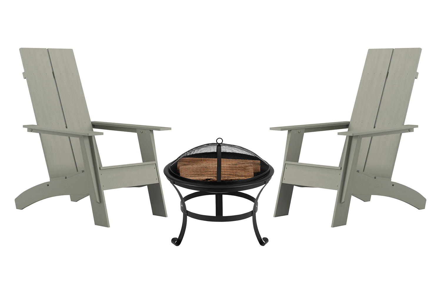 BLNK - Sawyer Commercial All-Weather 2-Slat Poly Resin Adirondack Chairs with 22" Round Wood Burning Firepit Set of 2