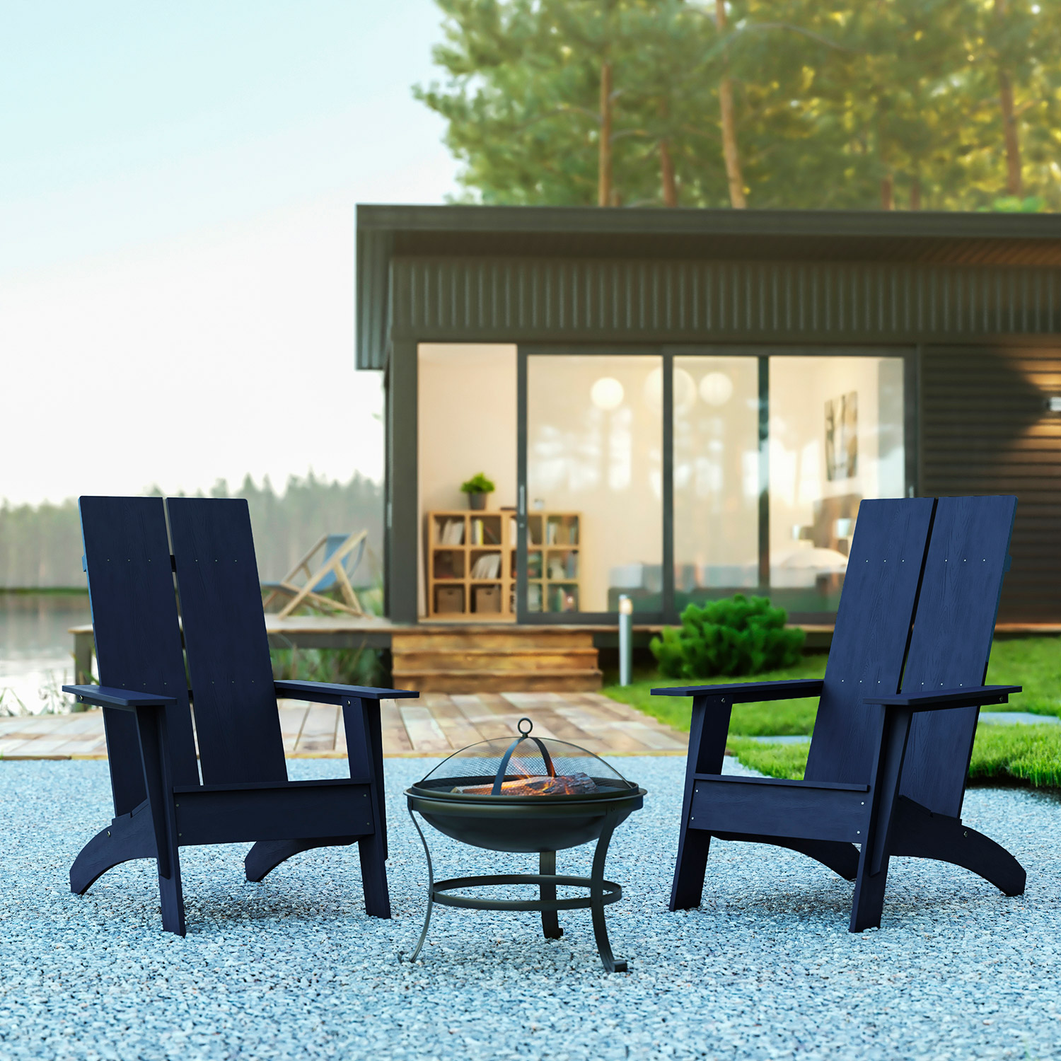 BLNK - Sawyer Commercial All-Weather 2-Slat Poly Resin Adirondack Chairs with 22" Round Wood Burning Firepit Set of 2