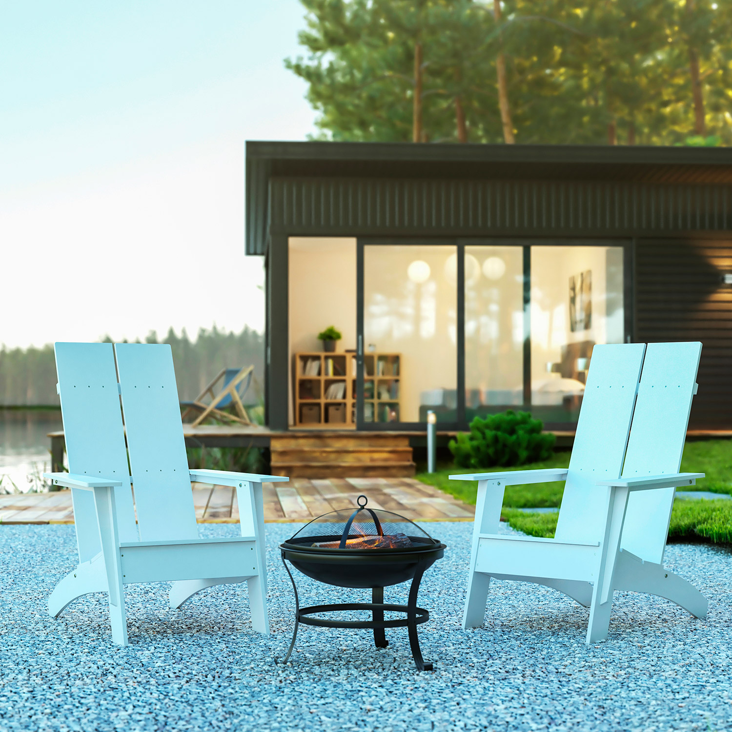 BLNK - Sawyer Commercial All-Weather 2-Slat Poly Resin Adirondack Chairs with 22" Round Wood Burning Firepit Set of 2