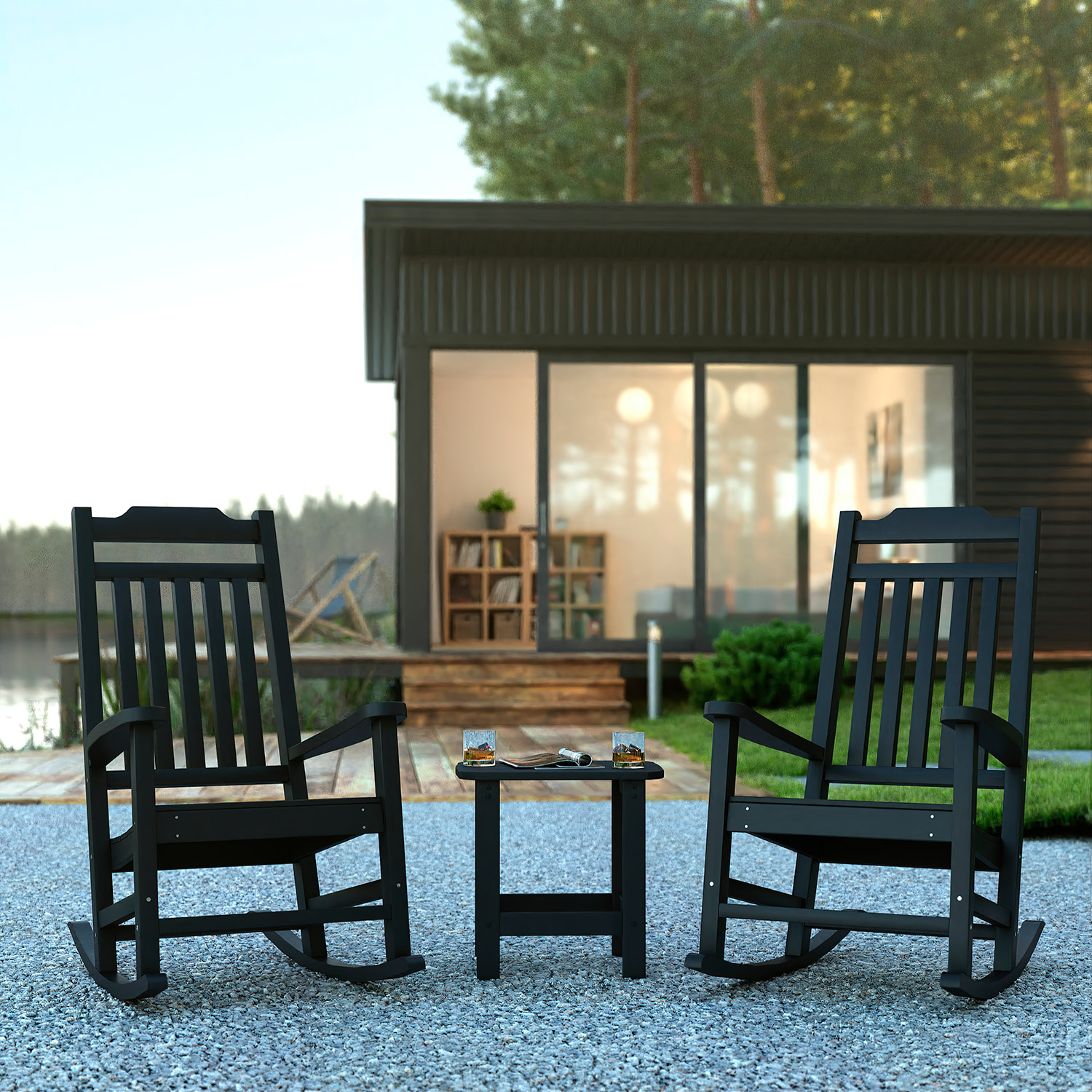 BLNK - Winston All-Weather Poly Resin Rocking Chairs with Accent Side Table Set of 2