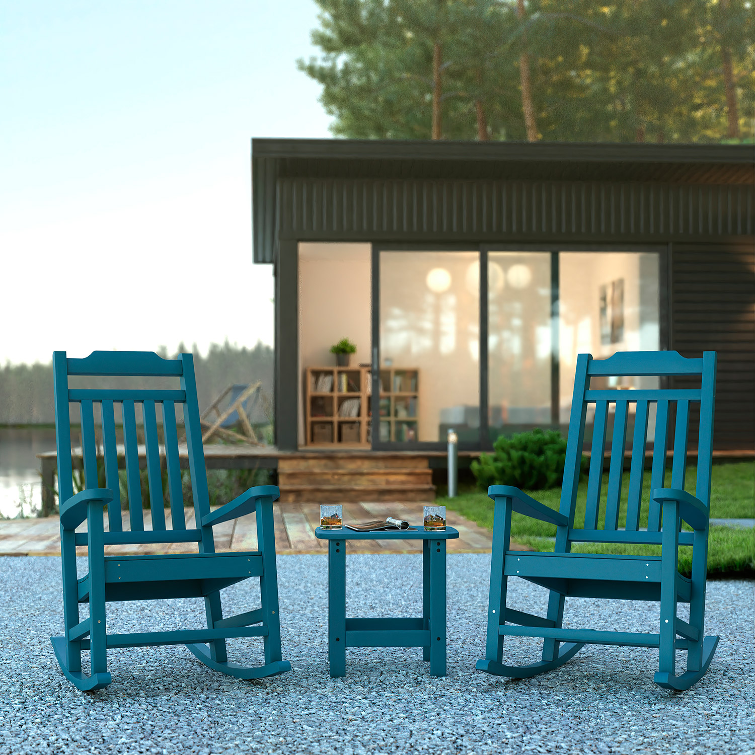 BLNK - Winston All-Weather Poly Resin Rocking Chairs with Accent Side Table Set of 2