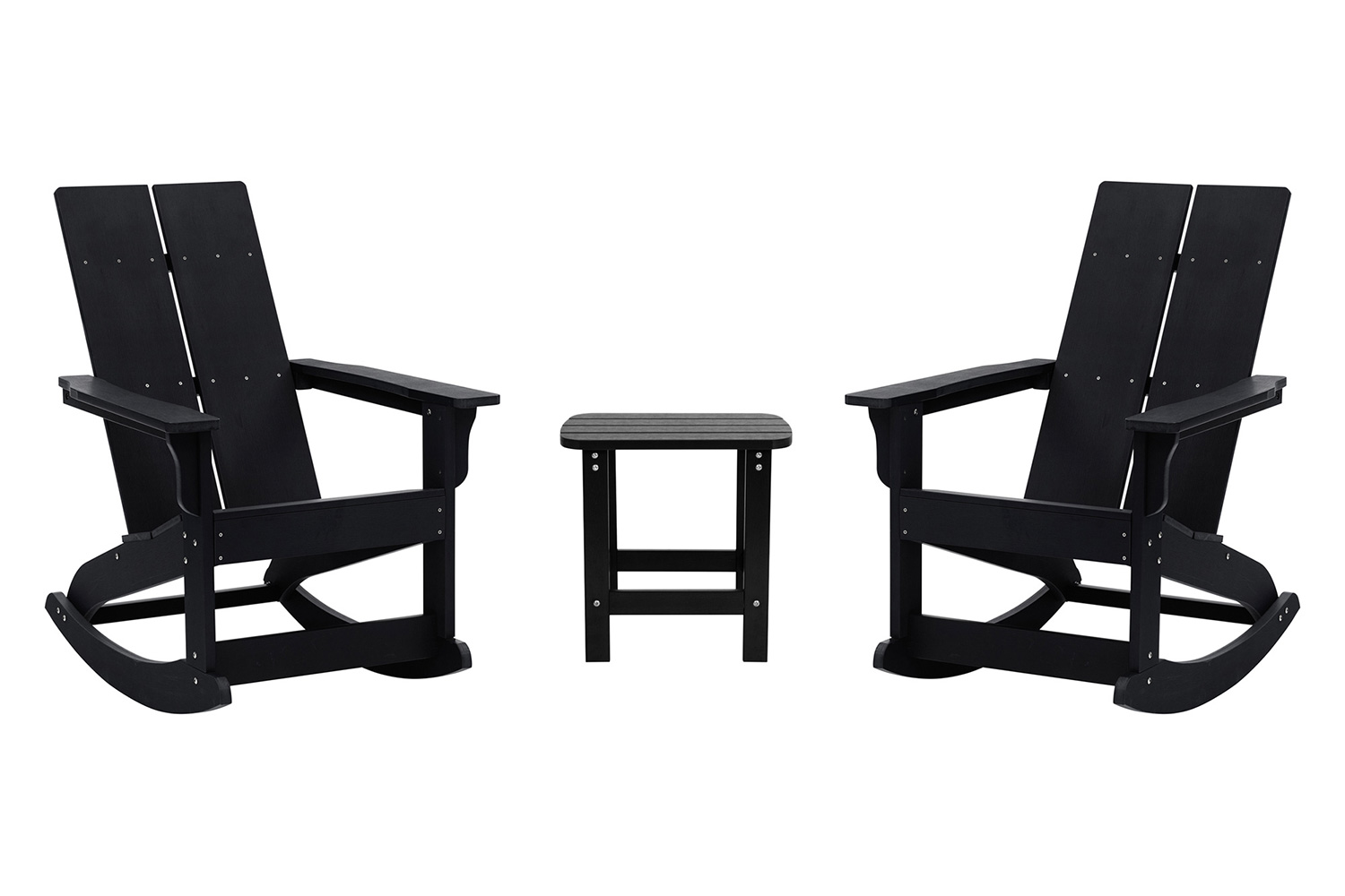 BLNK - Finn Commercial All-Weather Poly Resin 2-Slat Rocking Adirondack Chairs with Matching Side Table Set of 2