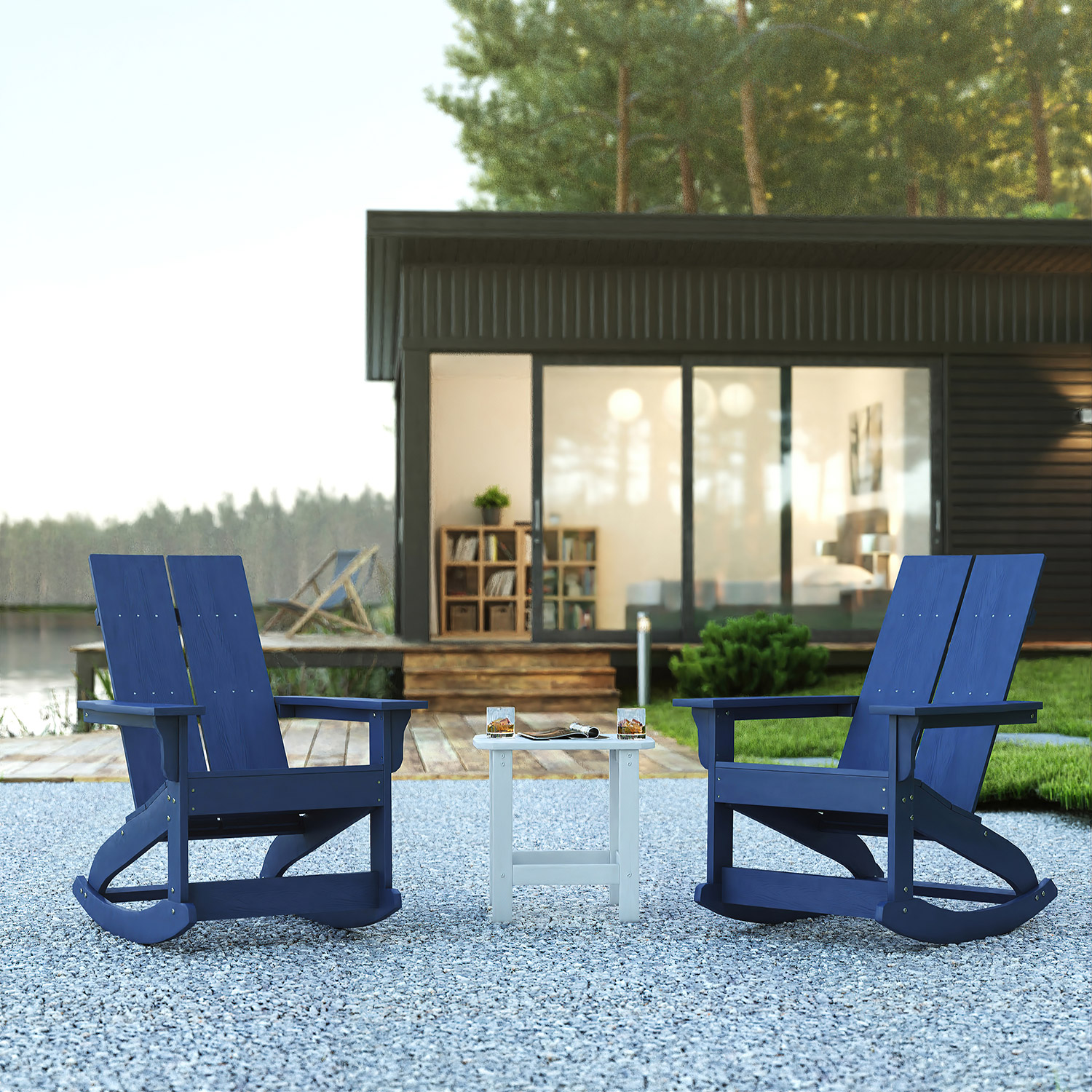 BLNK - Finn Commercial All-Weather Poly Resin 2-Slat Rocking Adirondack Chairs with Matching Side Table Set of 2