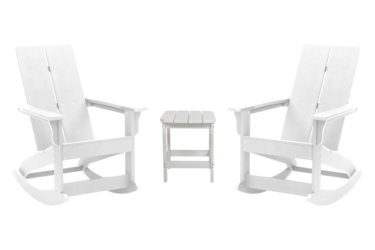 BLNK Finn Commercial All-Weather Poly Resin 2-Slat Rocking Adirondack Chairs with Matching Side Table Set of 2 - White
