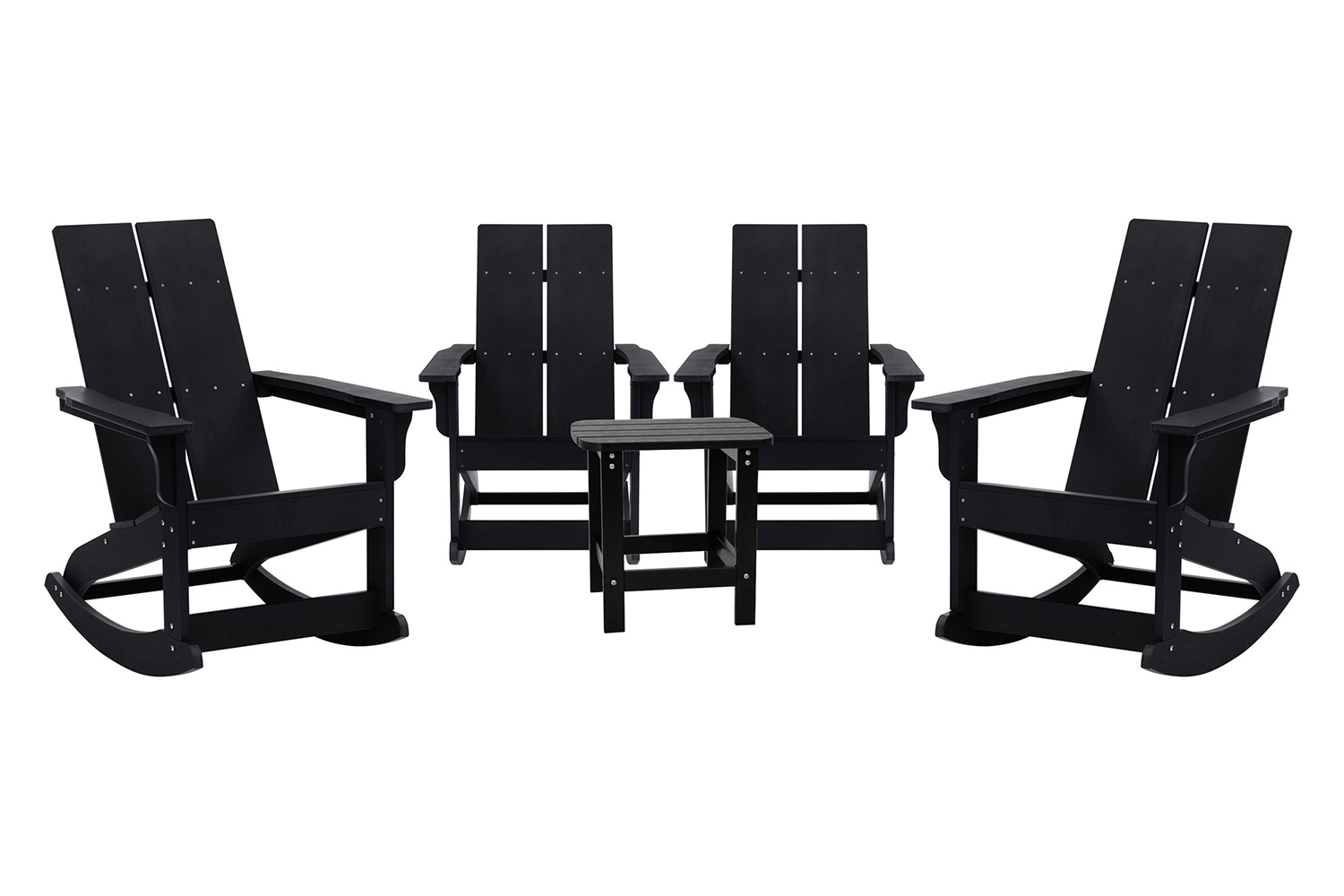 BLNK - Finn Commercial All-Weather Poly Resin 2-Slat Rocking Adirondack Chairs with Matching Side Table Set of 4