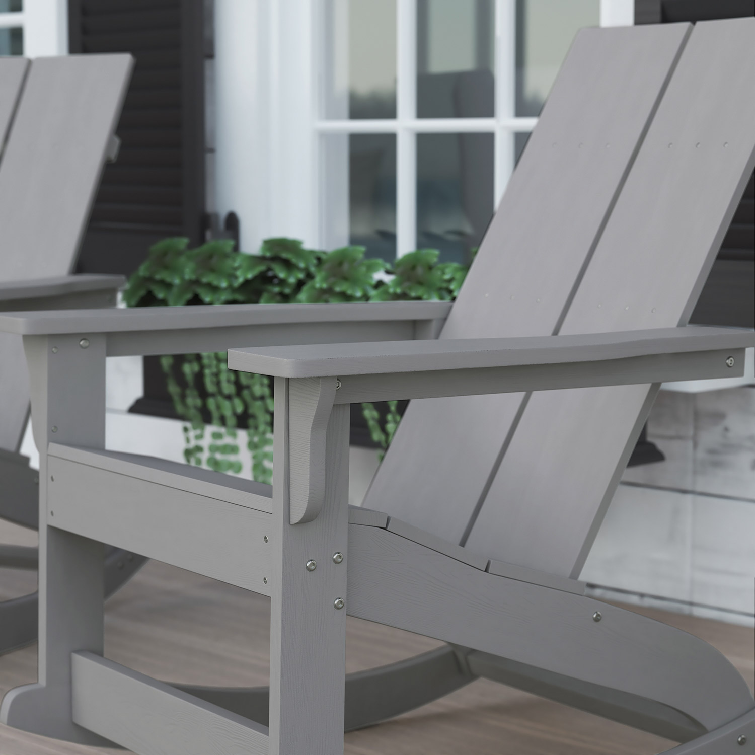 BLNK Finn Commercial All-Weather Poly Resin 2-Slat Rocking Adirondack Chair with Rust Resistant Stainless Steel Hardware - Gray