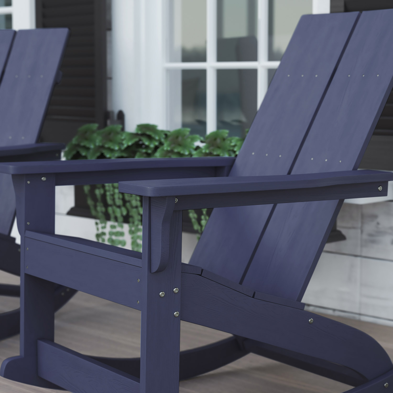 BLNK Finn Commercial All-Weather Poly Resin 2-Slat Rocking Adirondack Chair with Rust Resistant Stainless Steel Hardware Set of 2 - Navy