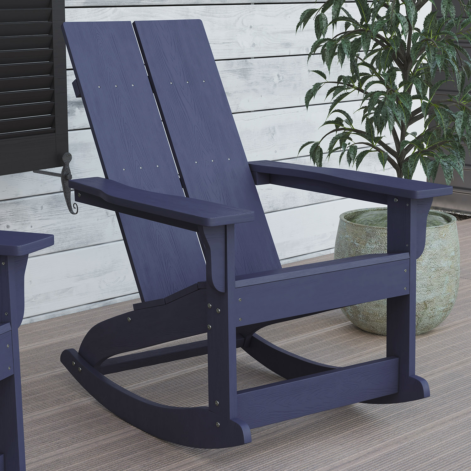 BLNK Finn Commercial All-Weather Poly Resin 2-Slat Rocking Adirondack Chair with Rust Resistant Stainless Steel Hardware Set of 2 - Navy