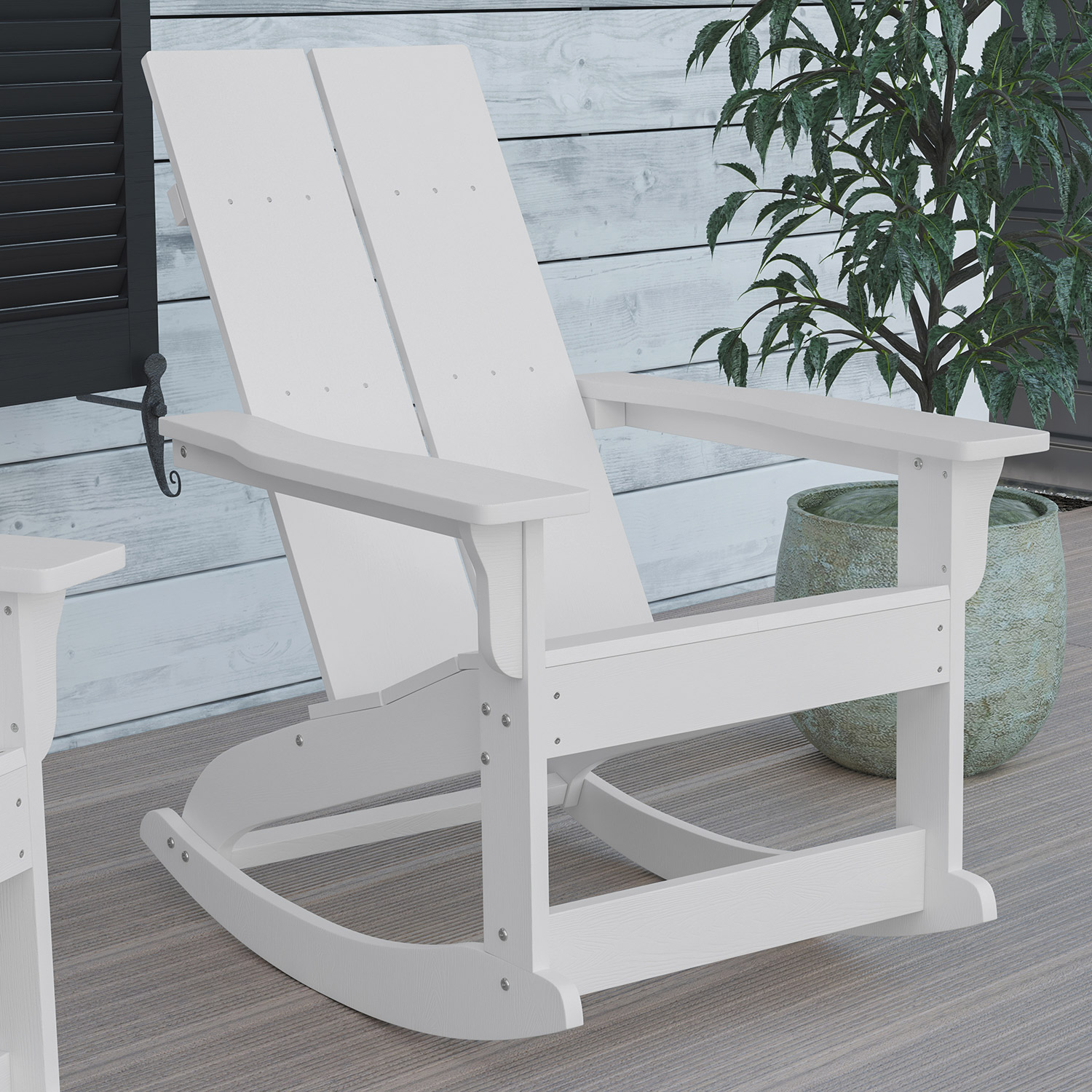 BLNK Finn Commercial All-Weather Poly Resin 2-Slat Rocking Adirondack Chair with Rust Resistant Stainless Steel Hardware - White