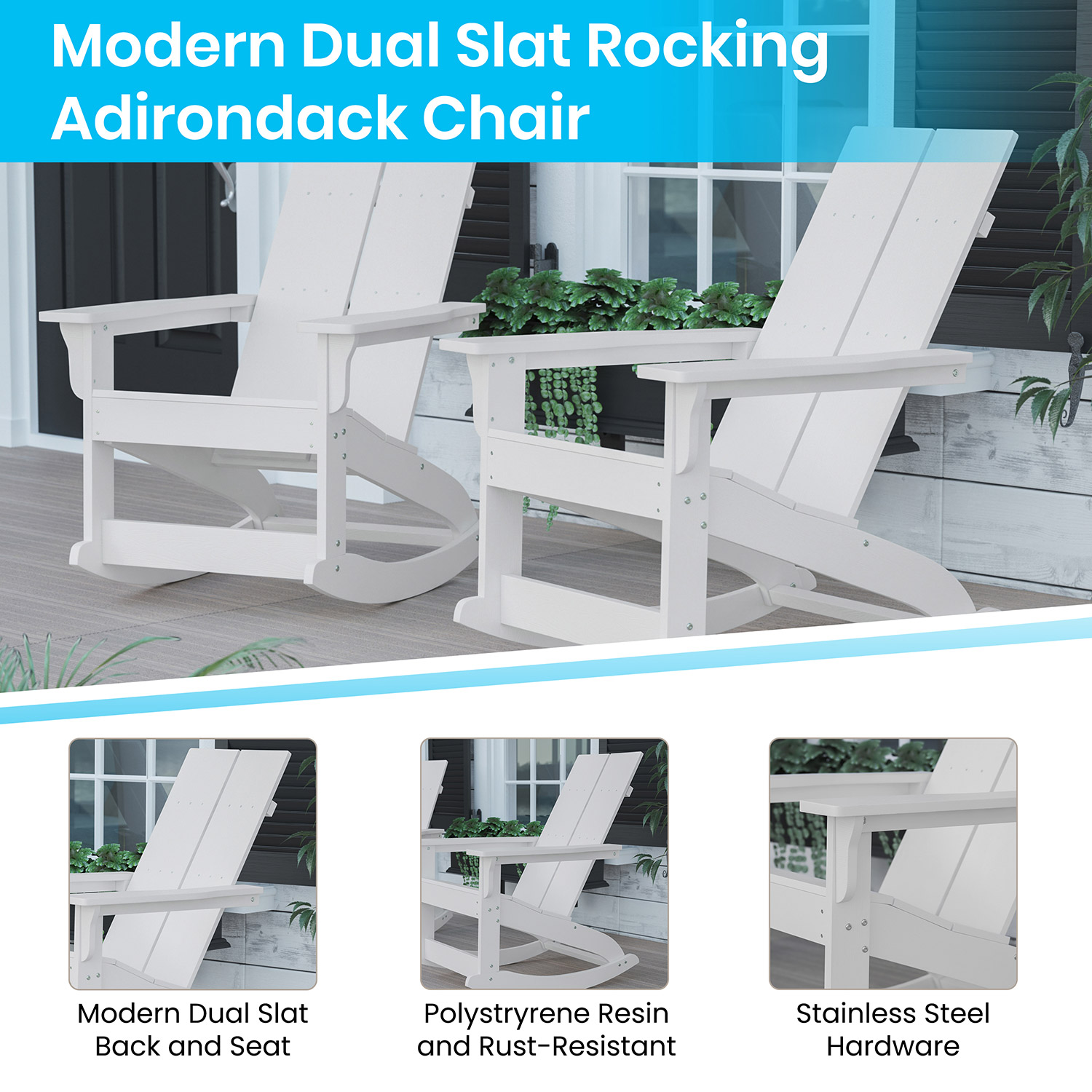 BLNK Finn Commercial All-Weather Poly Resin 2-Slat Rocking Adirondack Chair with Rust Resistant Stainless Steel Hardware - White