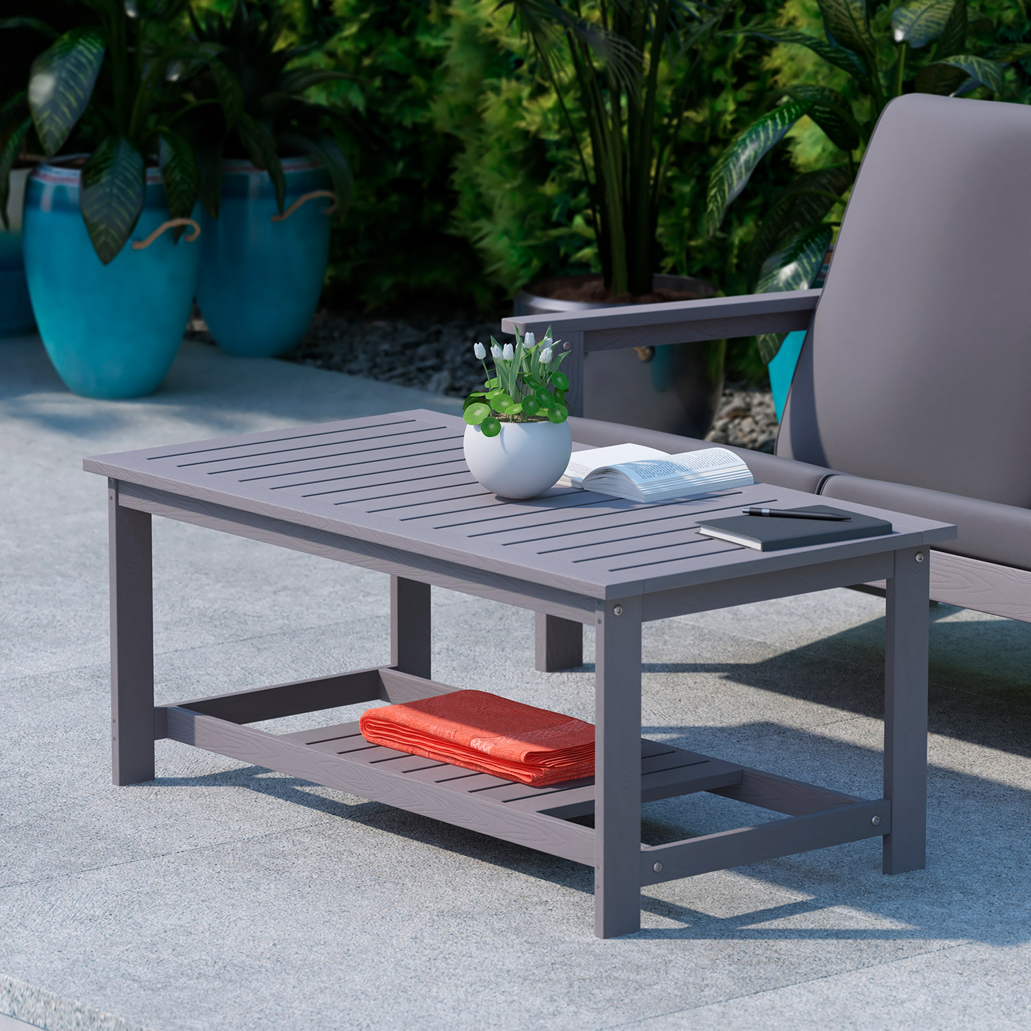 BLNK - Charlestown Commercial All-Weather Poly Resin Wood Two Tiered Adirondack Slatted Coffee Conversation Table