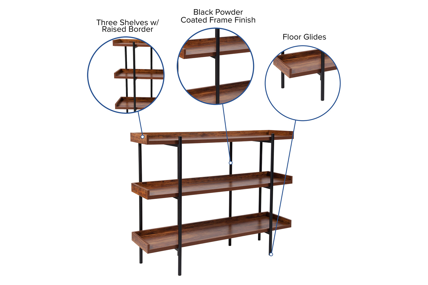 BLNK - Mayfair 3 Shelf Storage Display Unit Bookcase with Black Metal Frame in Rustic Wood Grain Finish