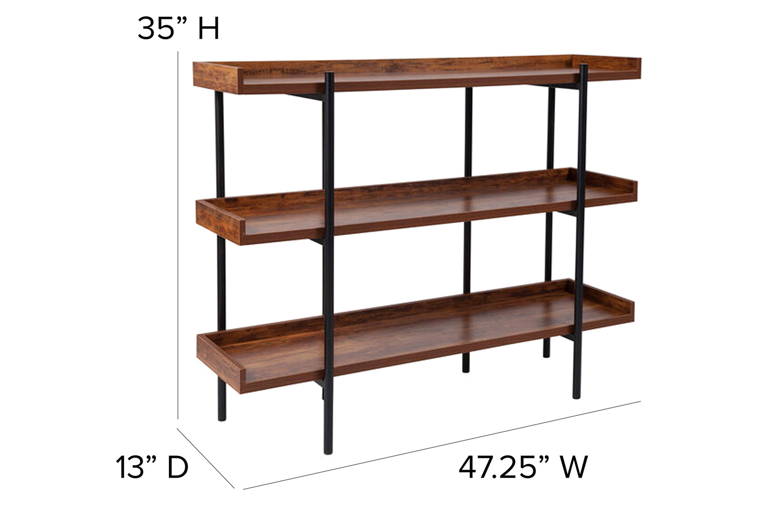 BLNK - Mayfair 3 Shelf Storage Display Unit Bookcase with Black Metal Frame in Rustic Wood Grain Finish