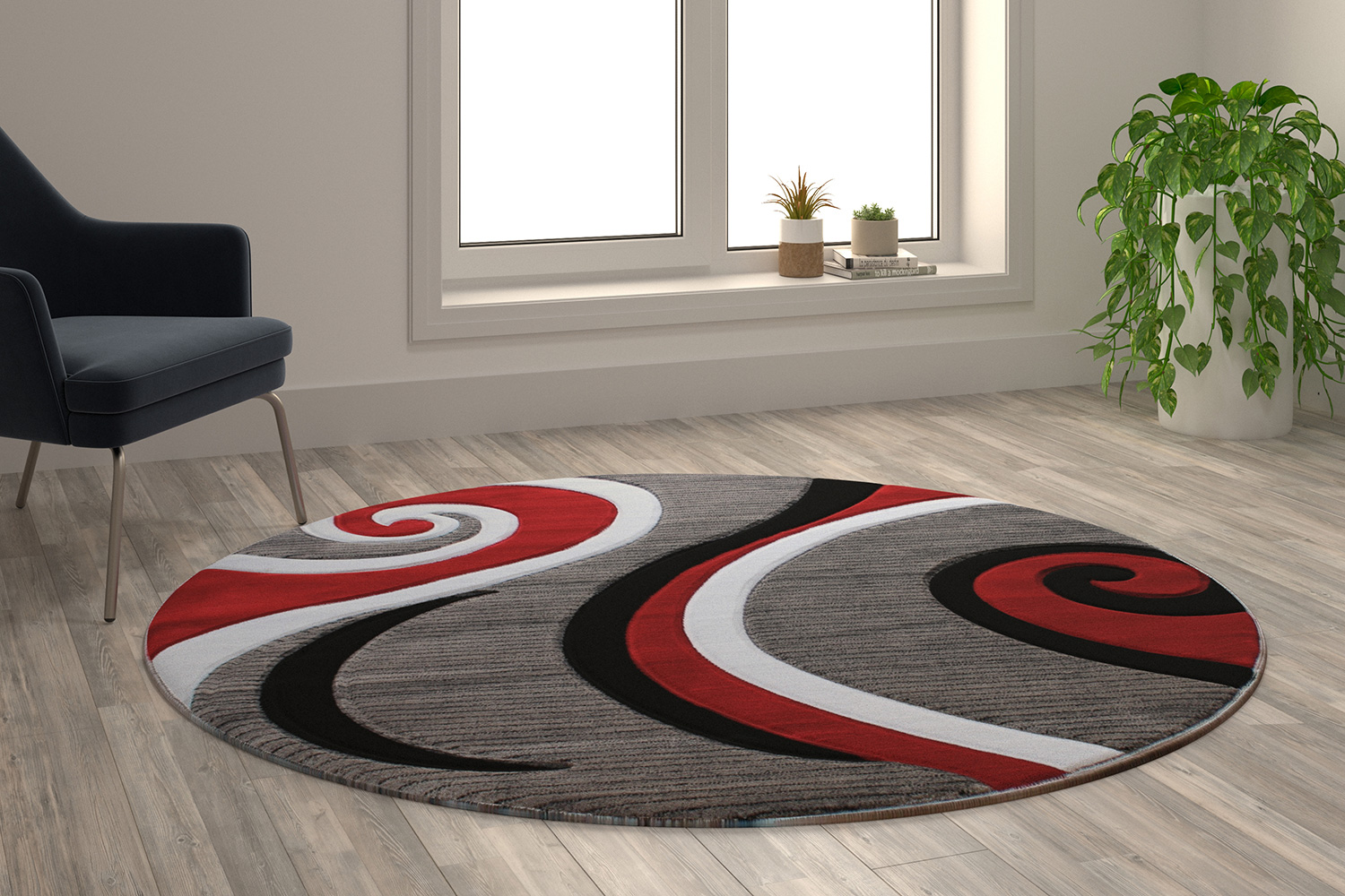BLNK Athos Collection Abstract Olefin Area Rug with Jute Backing - Red, 5'W x 5'L