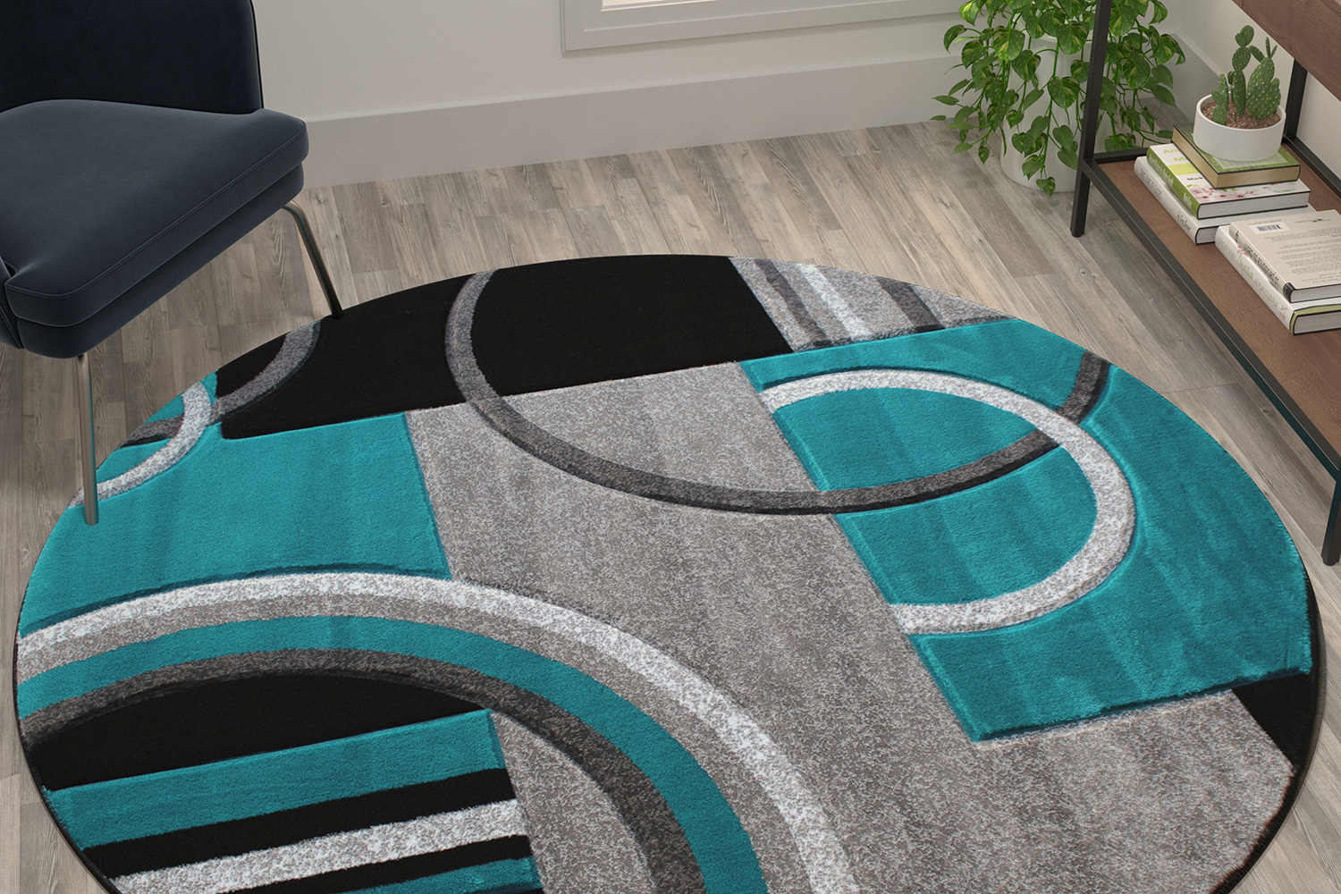 BLNK Audra Collection Abstract Round Olefin Area Rug with Jute Backing - Turquoise, 5'W x 5'L