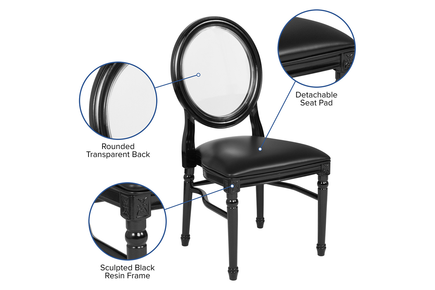 BLNK - HERCULES Series Vinyl King Louis Chair with Transparent Back, Black Seat and Black Frame