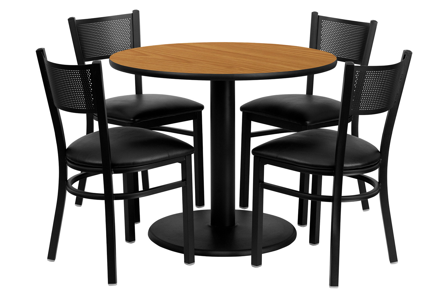 BLNK - Clark Round Natural Laminate Table Set with 4 Grid Back Metal Chairs with Vinyl Seat