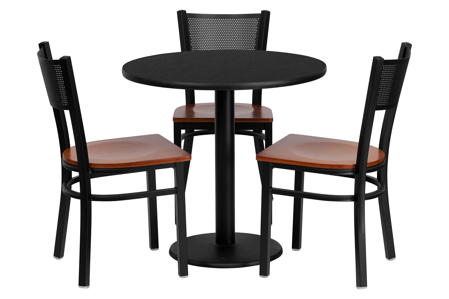 BLNK - Clark Round Black Laminate Table Set with 3 Grid Back Metal Chairs with Wood Seat