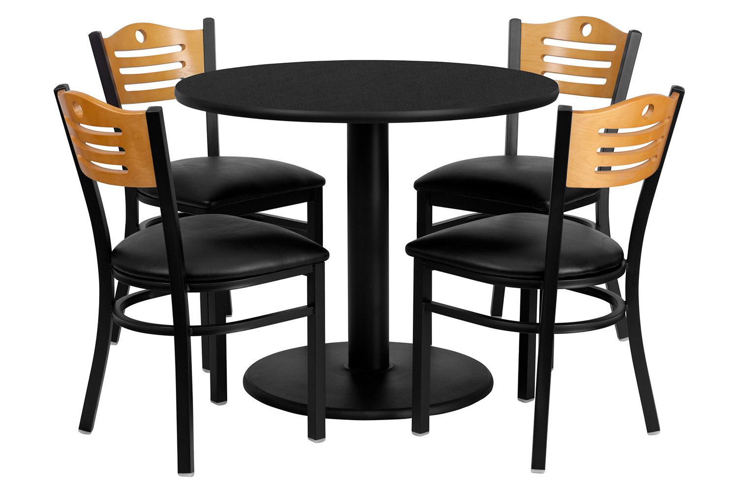 BLNK - Clark Round Black Laminate Table Set with 4 Wood Slat Back Metal Chairs with Vinyl Seat