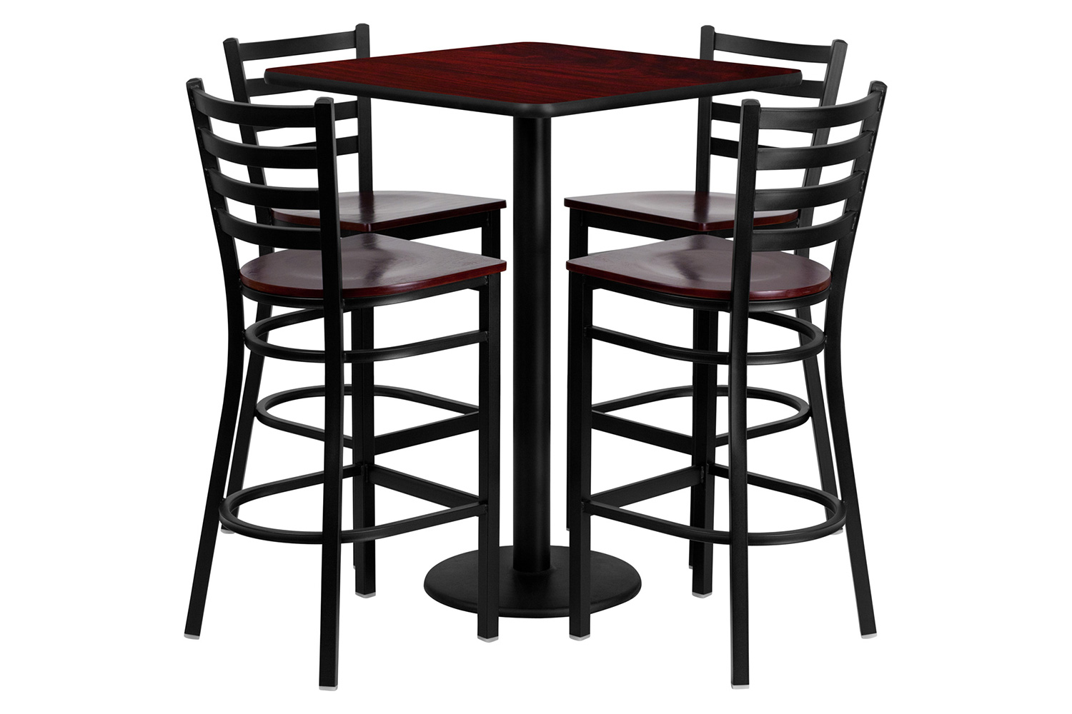 BLNK - Clark Square Laminate Table Set with 4 Ladder Back Metal Bar Stools with Mahogany Wood Seat