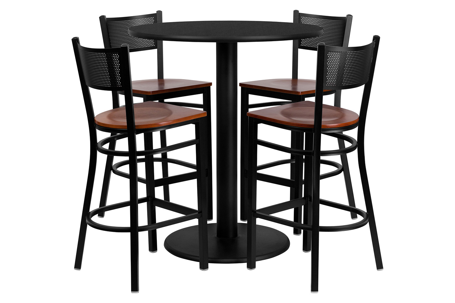 BLNK - Clark Round Laminate Table Set with 4 Grid Back Metal Bar Stools with Cherry Wood Seat