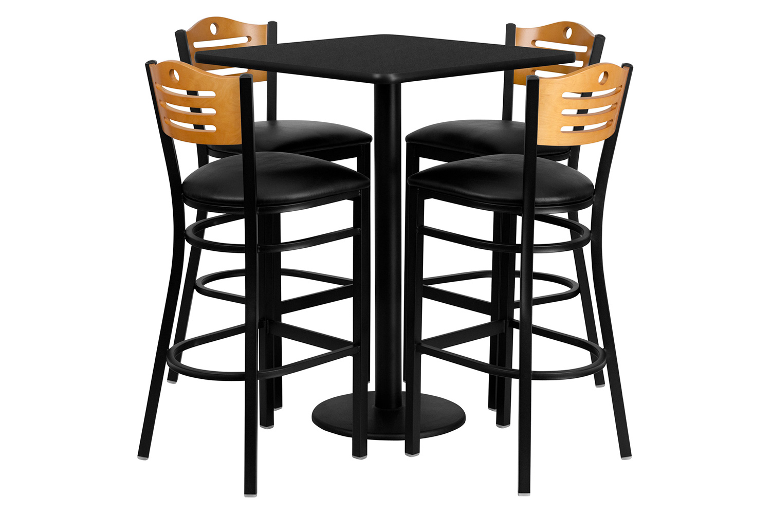 BLNK - Clark Square Laminate Table Set with 4 Wood Slat Back Metal Bar Stools with Black Vinyl Seat