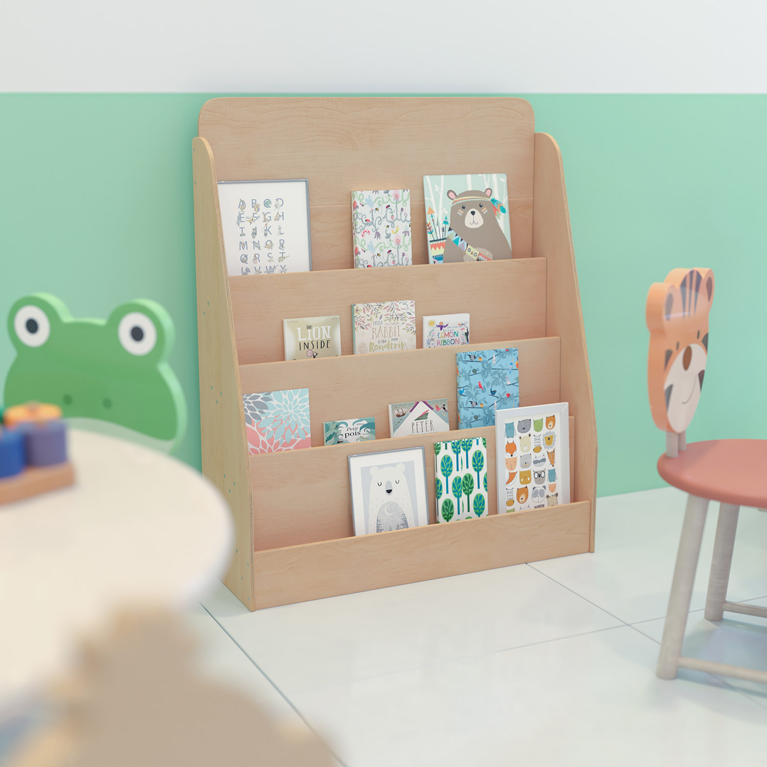 BLNK - Hercules 4 Shelf Single-Sided Kids Natural Wooden Book and Magazine Display Stand