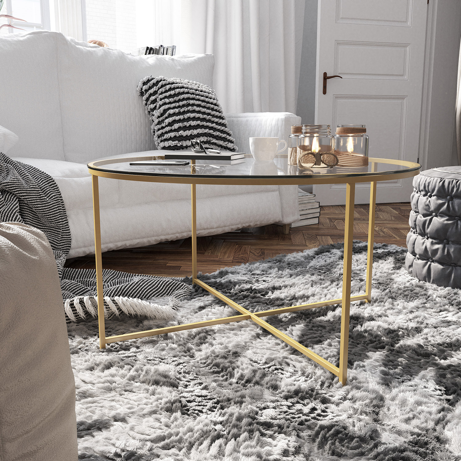 BLNK Greenwich Collection Coffee and End Table Set with Clear Glass Top 3 Piece - Brushed Gold