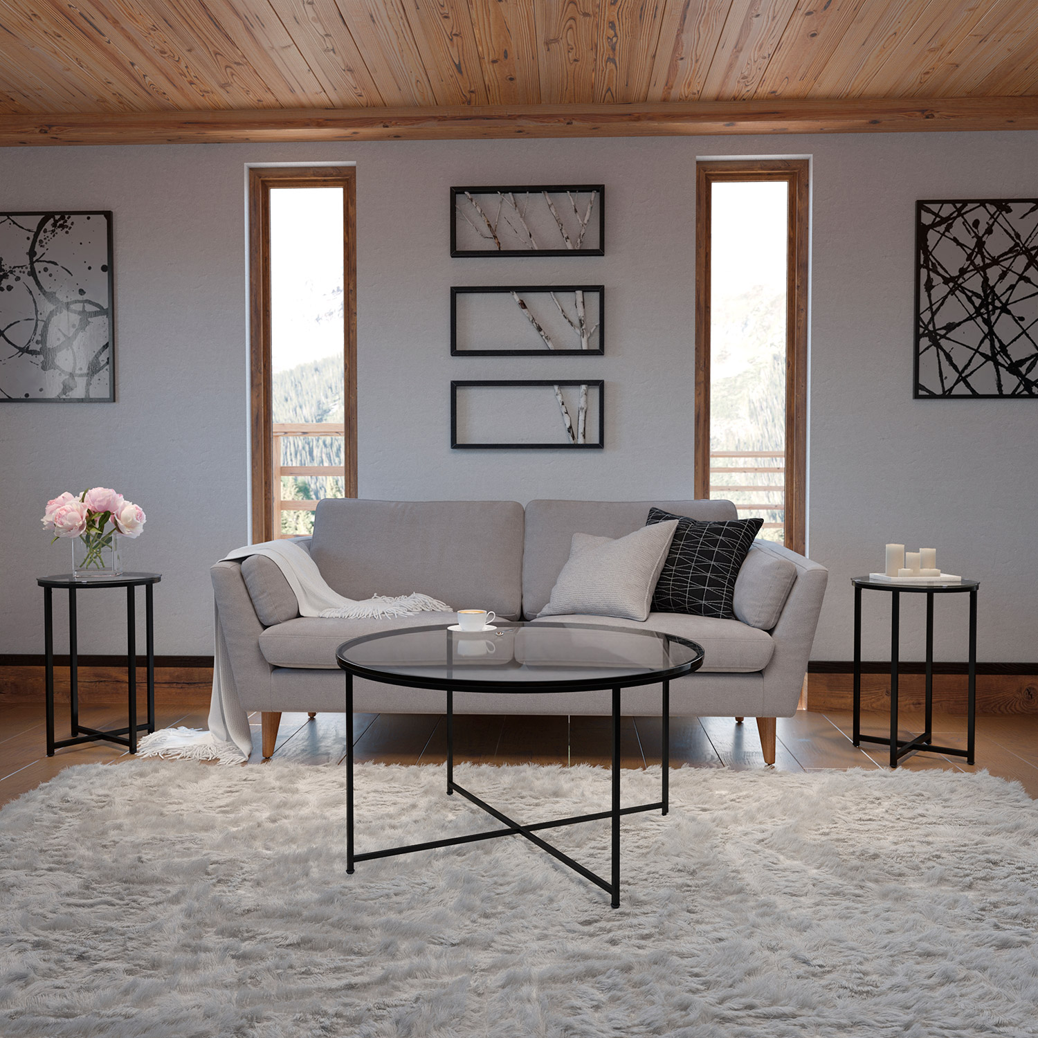 BLNK - Greenwich Collection Coffee and End Table Set with Clear Glass Top 3 Piece