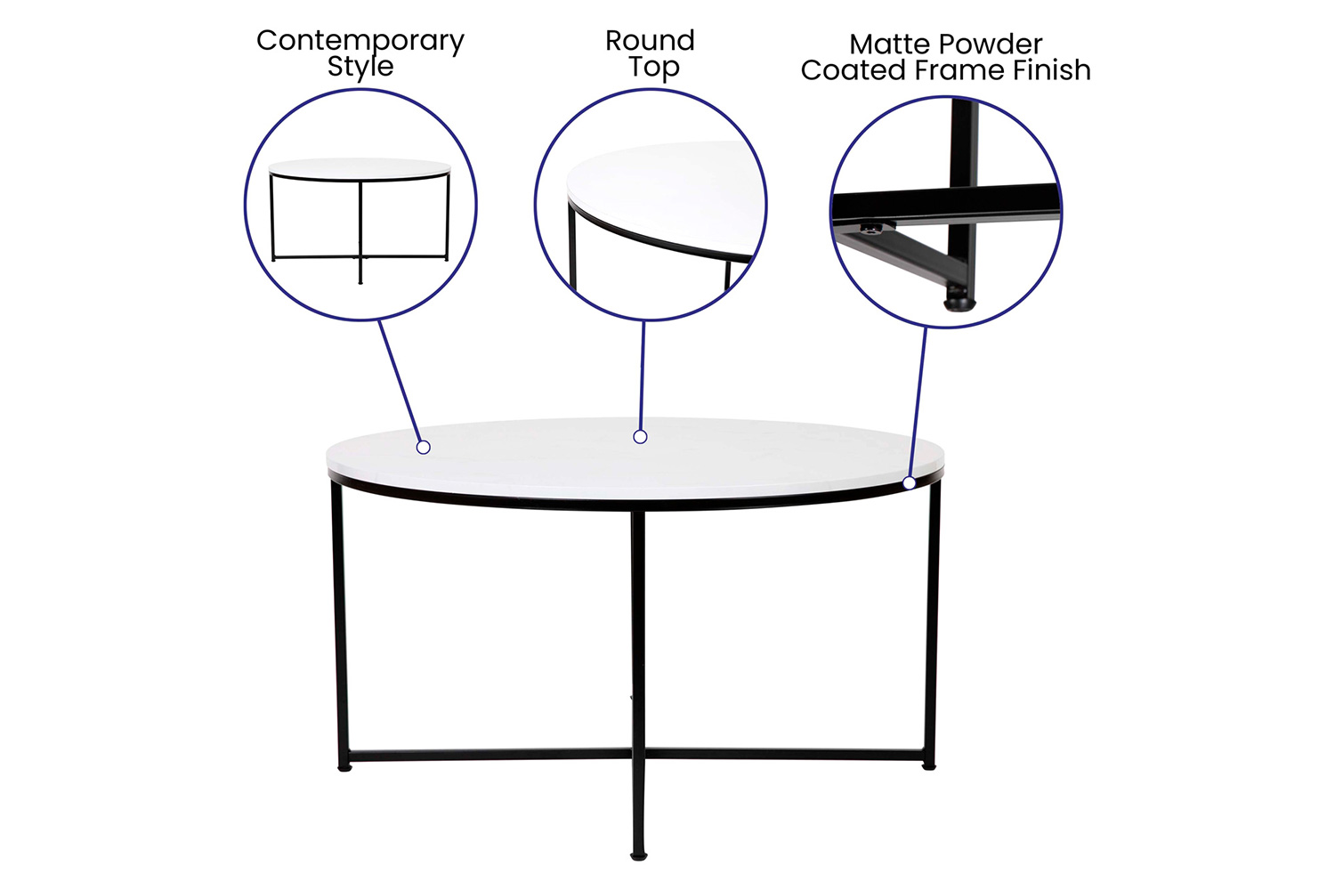 BLNK Hampstead Collection Coffee and End Table Set with White Marbled Laminate Top 3 Piece - Matte Black