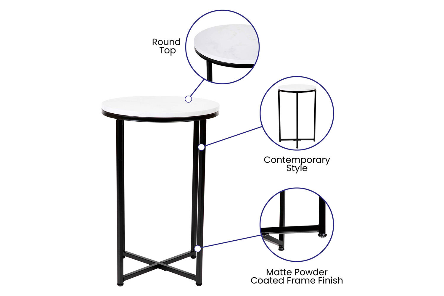 BLNK Hampstead Collection Coffee and End Table Set with White Marbled Laminate Top 3 Piece - Matte Black