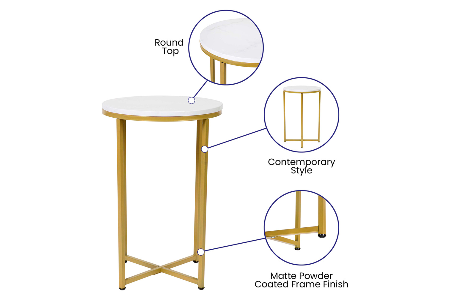 BLNK Hampstead Collection Coffee and End Table Set with White Marbled Laminate Top 3 Piece - Brushed Gold