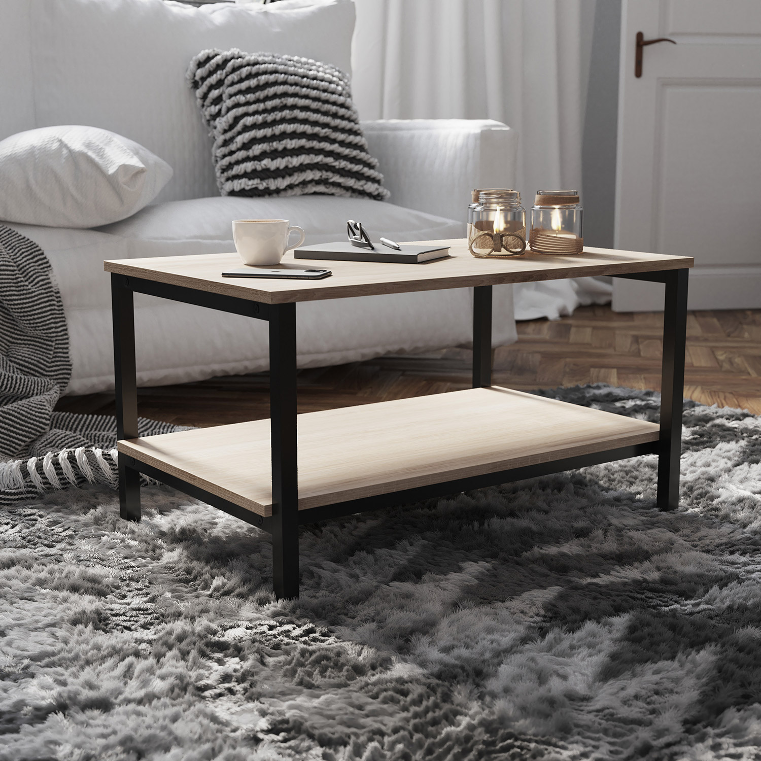 BLNK - Finley Modern Industrial 2 Tier Rectangular Metal and Driftwood Coffee Table