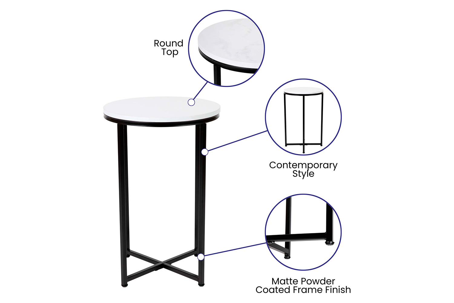 BLNK Hampstead Collection Modern End Table with White Laminate Top - Matte Black