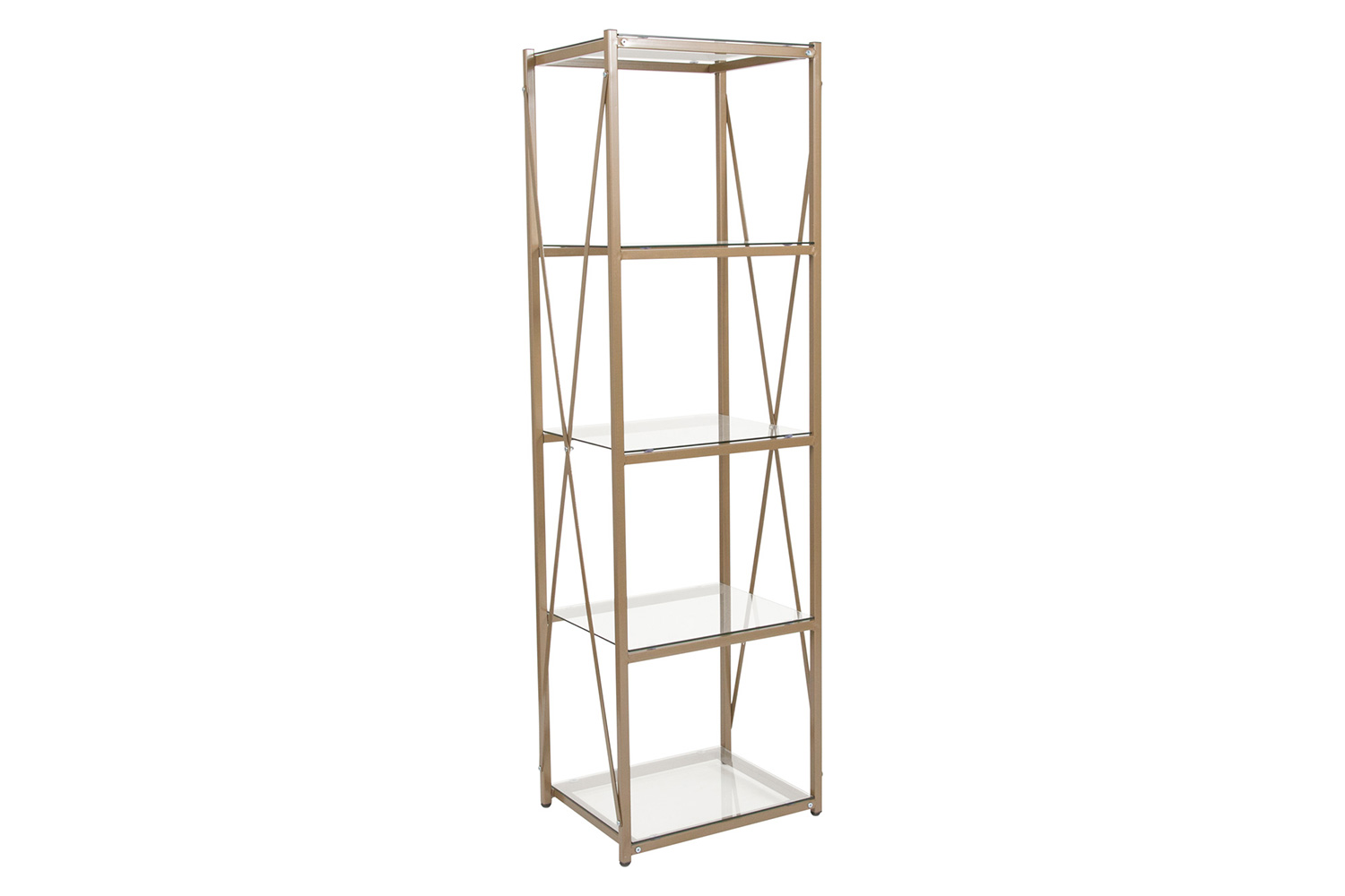 BLNK - Mar Vista Collection 4 Shelf Cross Brace Glass Bookcase in Matte Gold