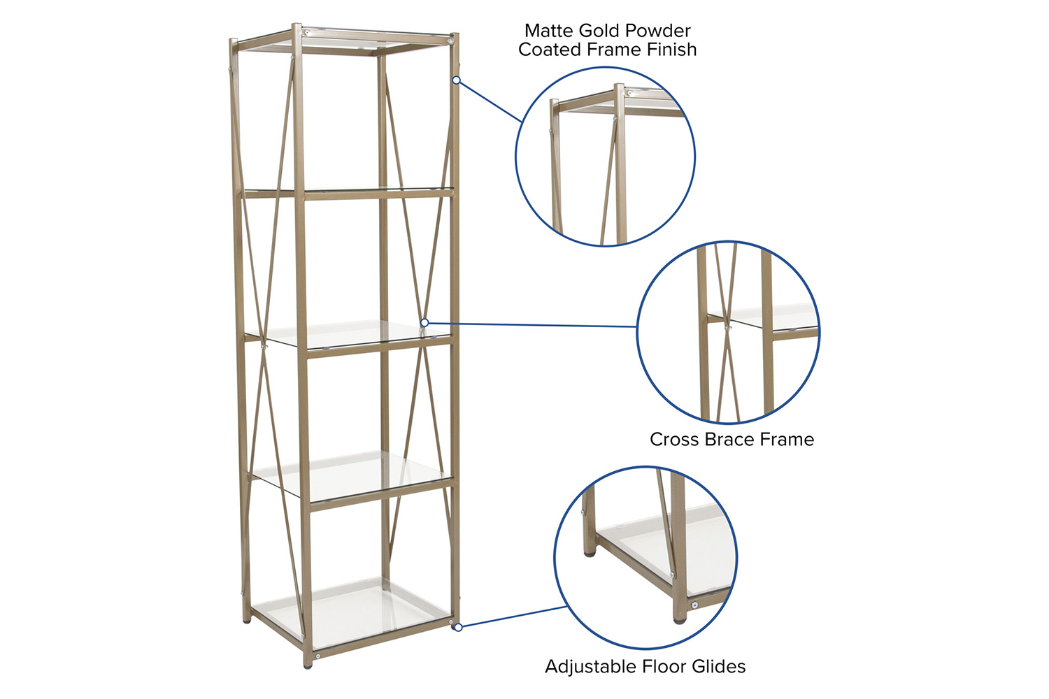 BLNK - Mar Vista Collection 4 Shelf Cross Brace Glass Bookcase in Matte Gold