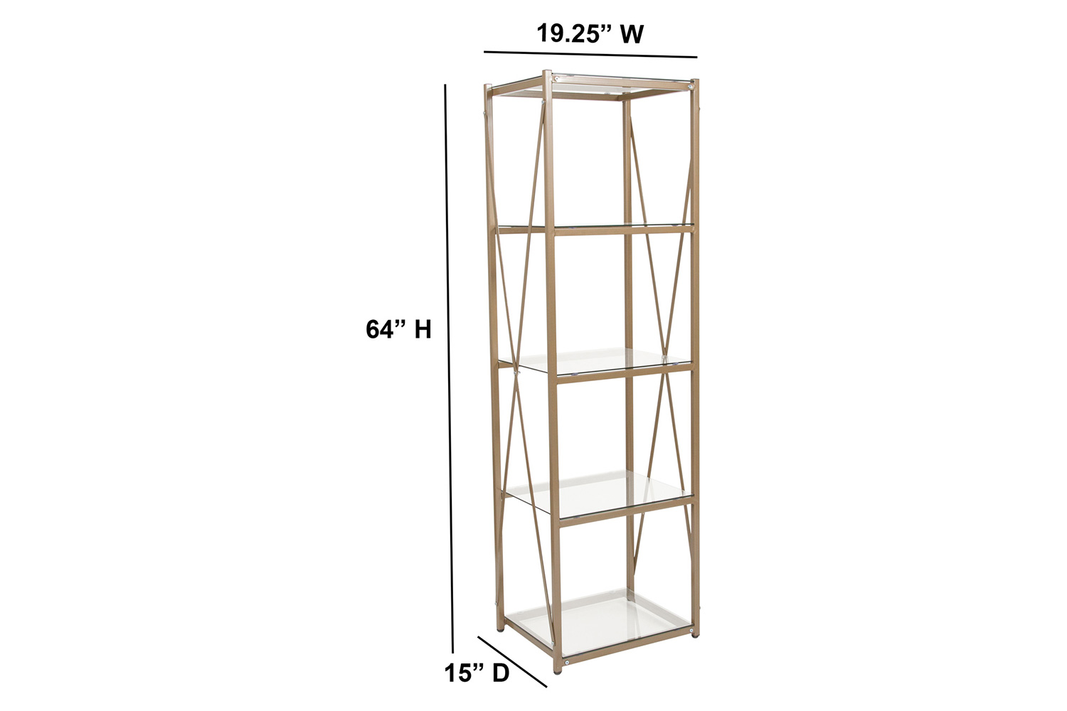 BLNK - Mar Vista Collection 4 Shelf Cross Brace Glass Bookcase in Matte Gold