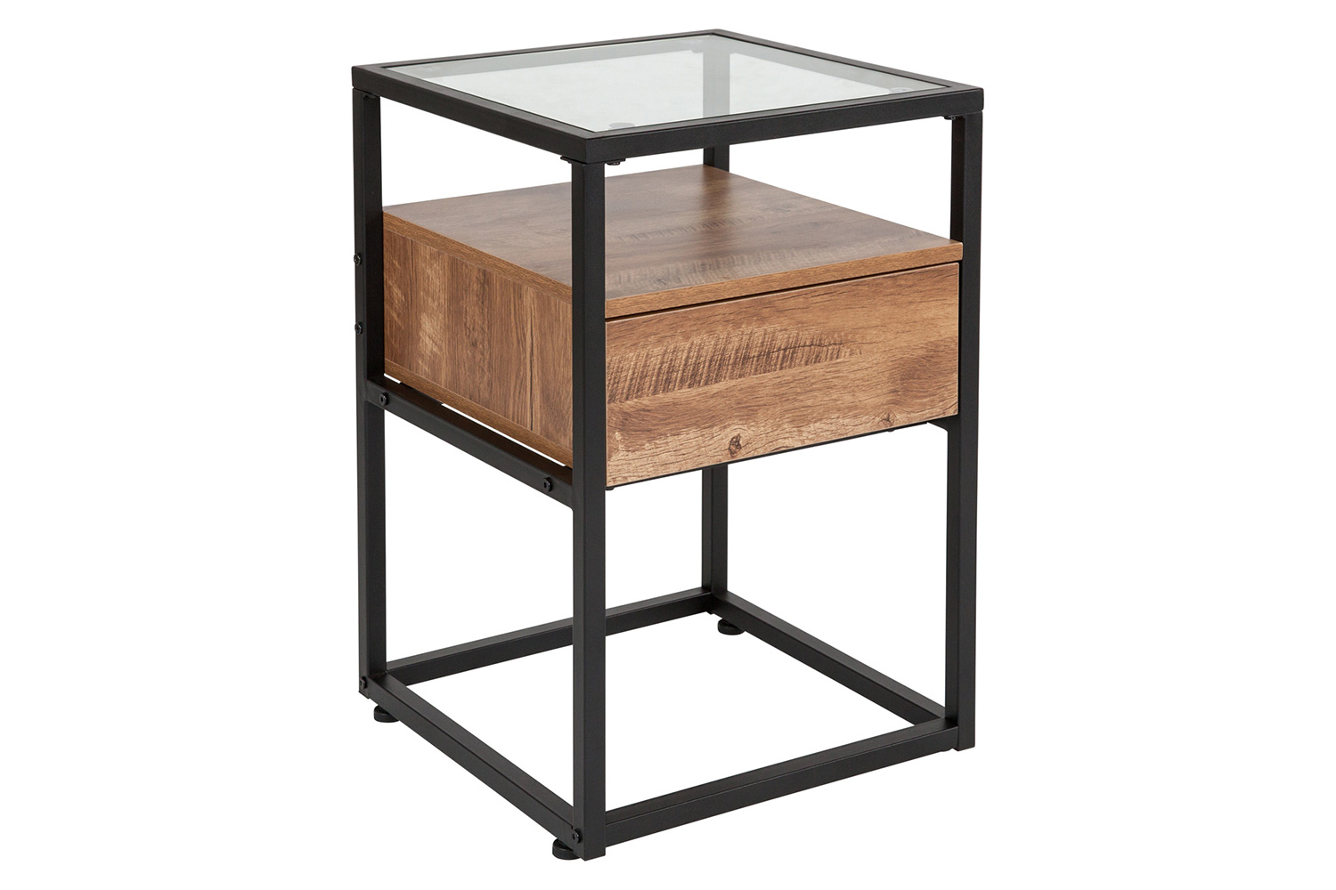 BLNK - Cumberland Collection Glass End Table with Drawer and Shelf in Rustic Wood Grain Finish