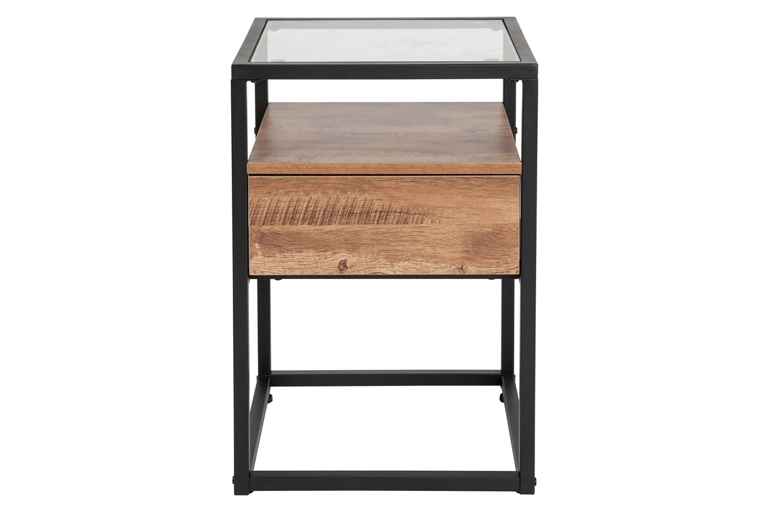 BLNK - Cumberland Collection Glass End Table with Drawer and Shelf in Rustic Wood Grain Finish