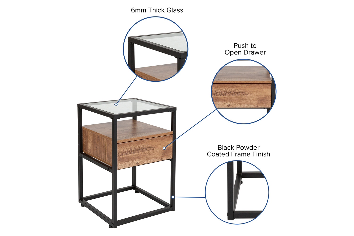 BLNK - Cumberland Collection Glass End Table with Drawer and Shelf in Rustic Wood Grain Finish