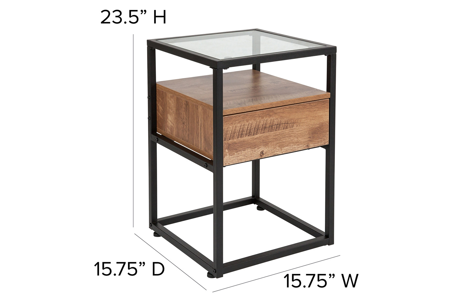 BLNK - Cumberland Collection Glass End Table with Drawer and Shelf in Rustic Wood Grain Finish