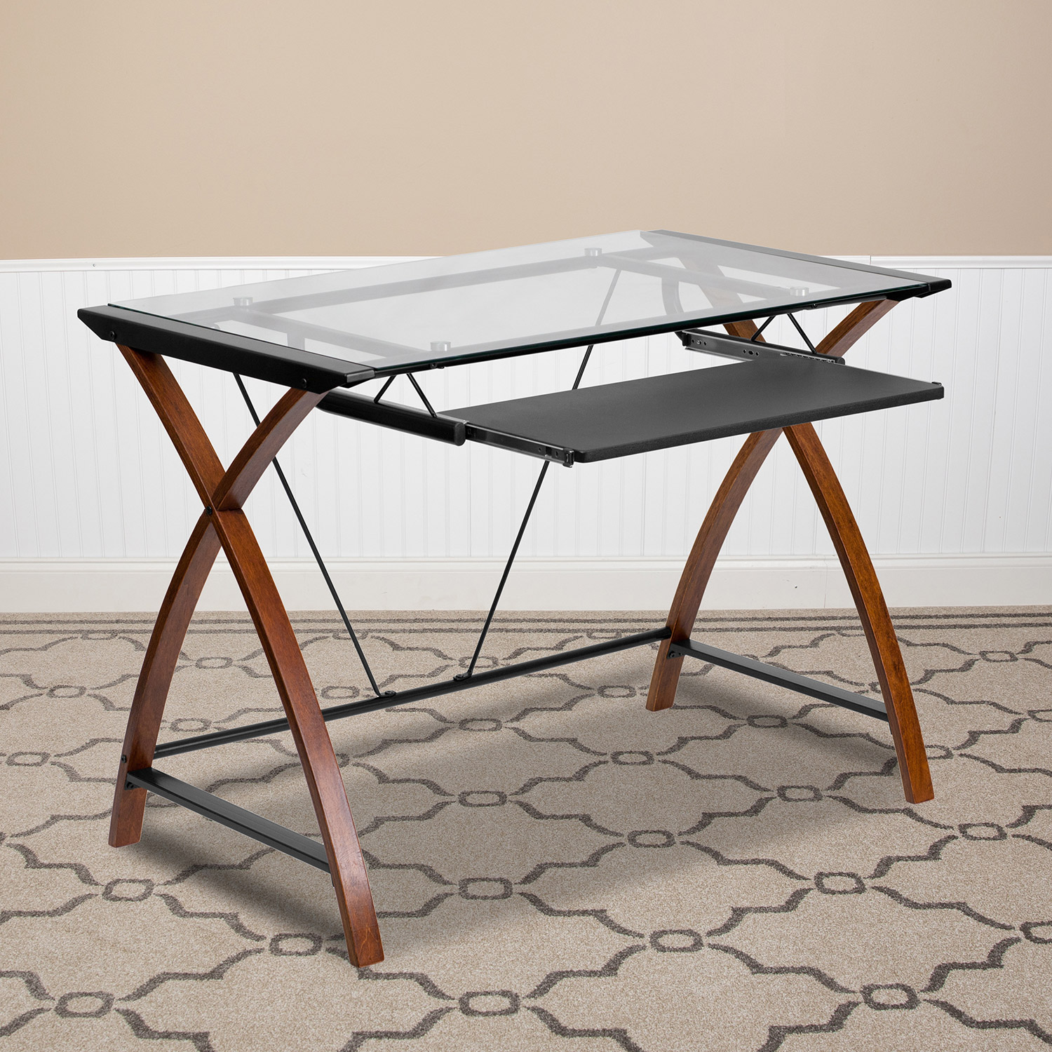 BLNK - Jude Glass Computer Desk with Pull-Out Keyboard Tray and Crisscross Frame