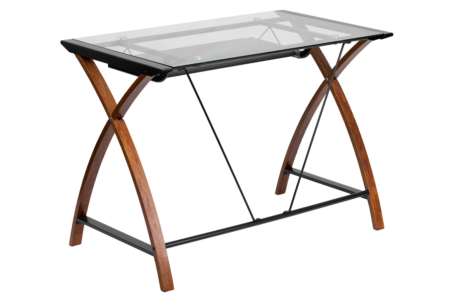 BLNK Jude Glass Computer Desk with Pull-Out Keyboard Tray and Crisscross Frame - Clear/Black