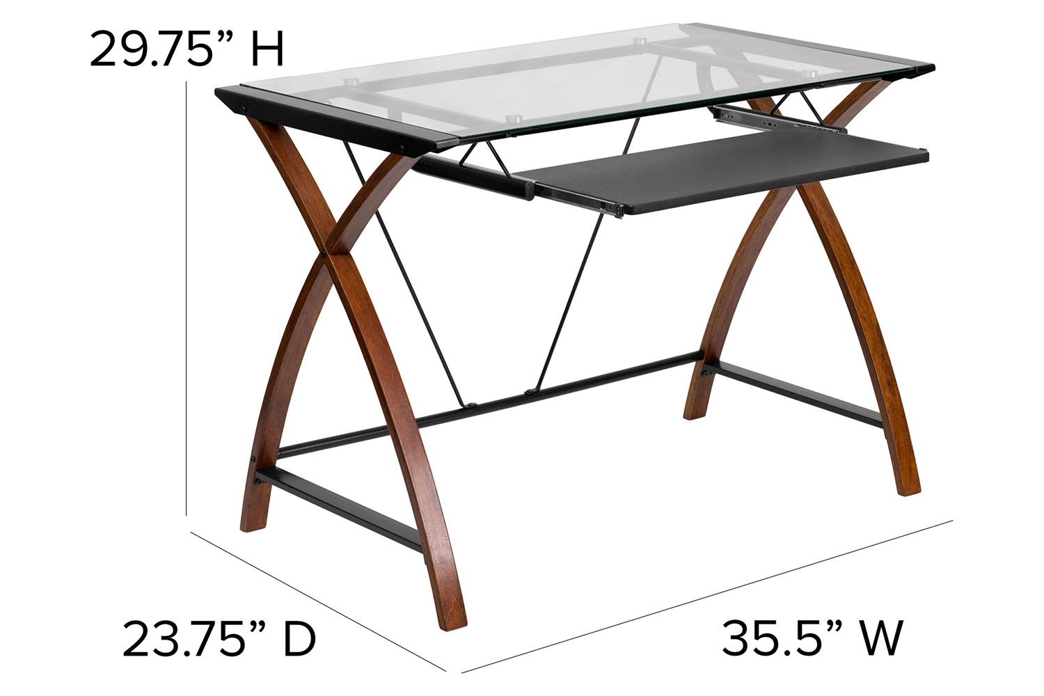BLNK Jude Glass Computer Desk with Pull-Out Keyboard Tray and Crisscross Frame - Clear/Black