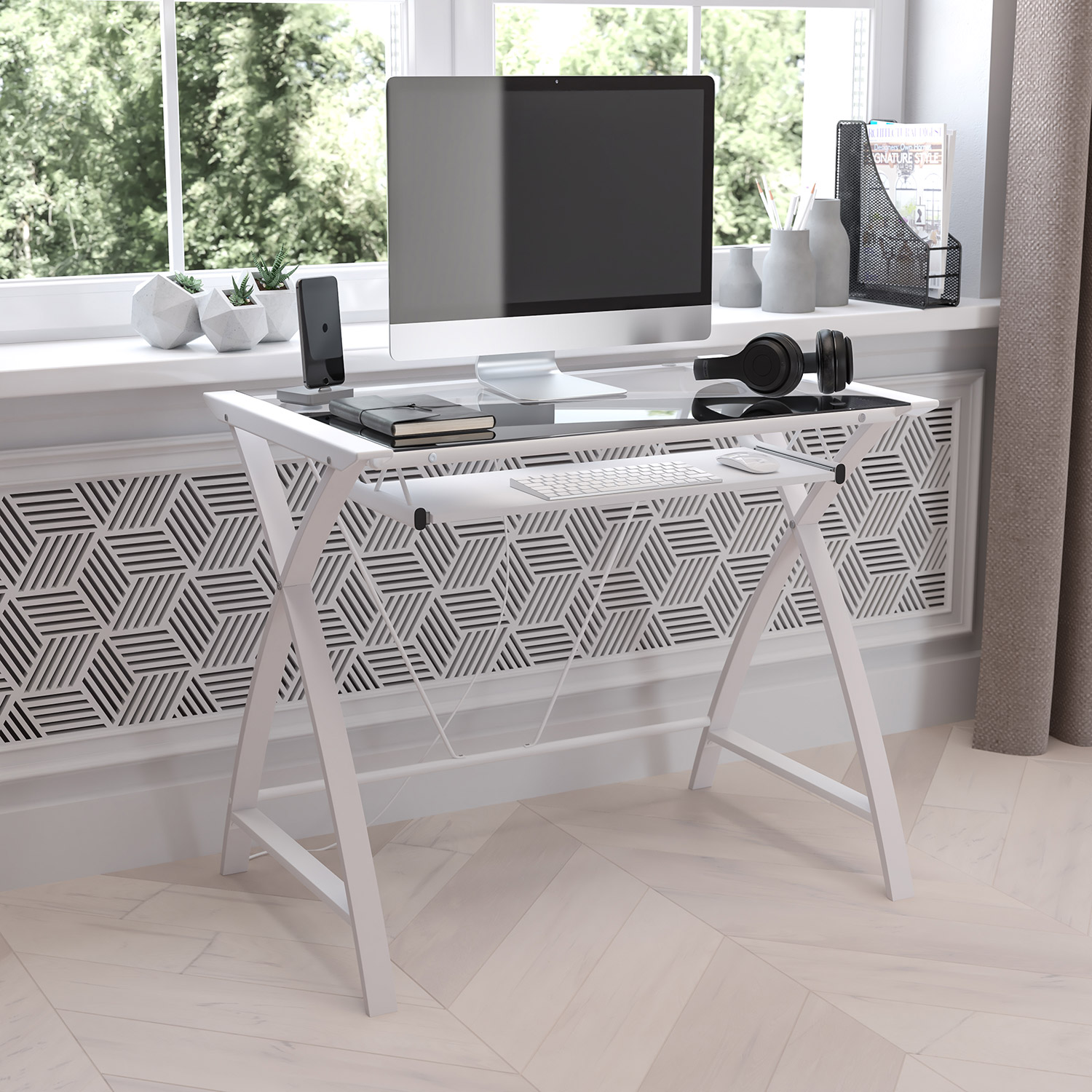 BLNK - Jude Glass Computer Desk with Pull-Out Keyboard Tray and Crisscross Frame