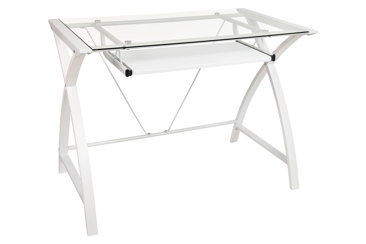 BLNK Jude Glass Computer Desk with Pull-Out Keyboard Tray and Crisscross Frame - Clear/White